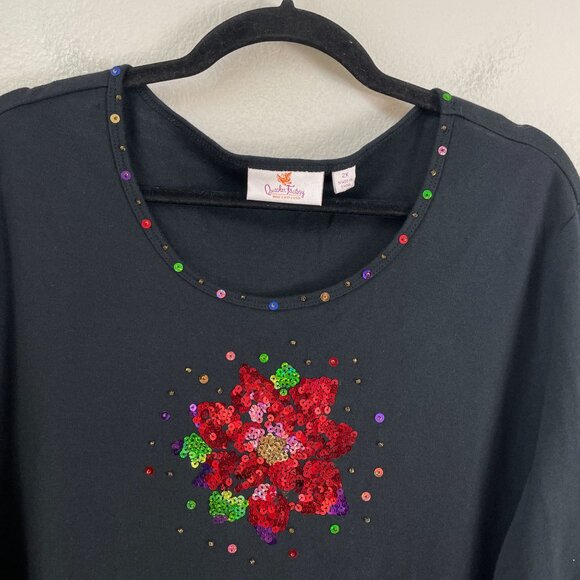 Quacker Factory Womens Plus 2X Black Sequin Embellished Floral Top Shirt - Picture 2 of 10